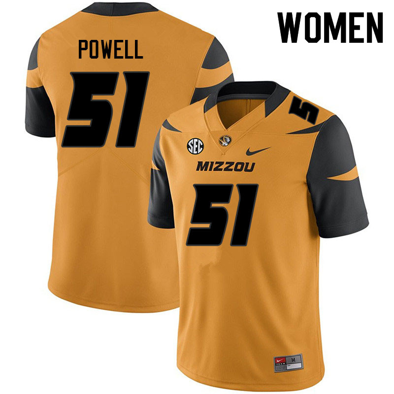 Women #51 Zeke Powell Missouri Tigers College Football Jerseys Sale-Yellow - Click Image to Close